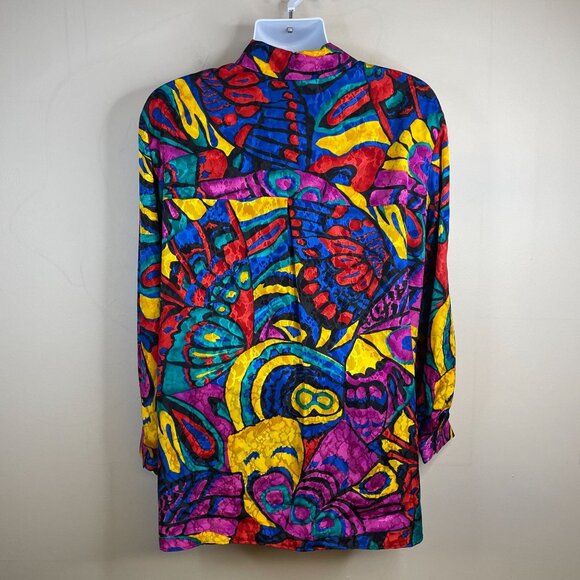 Vintage Womens DISCO PSYCHEDELIC Top Size 2X Pink Blue Satin Button Tunic Blouse - Picture 5 of 13